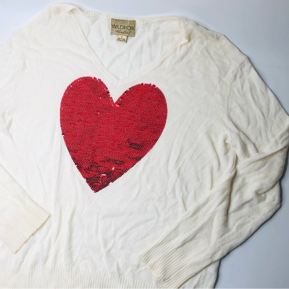 Wildfox White Label Angora Cream Sweatern Sequin Red Heart Valentine Love, Large - Picture 2 of 13